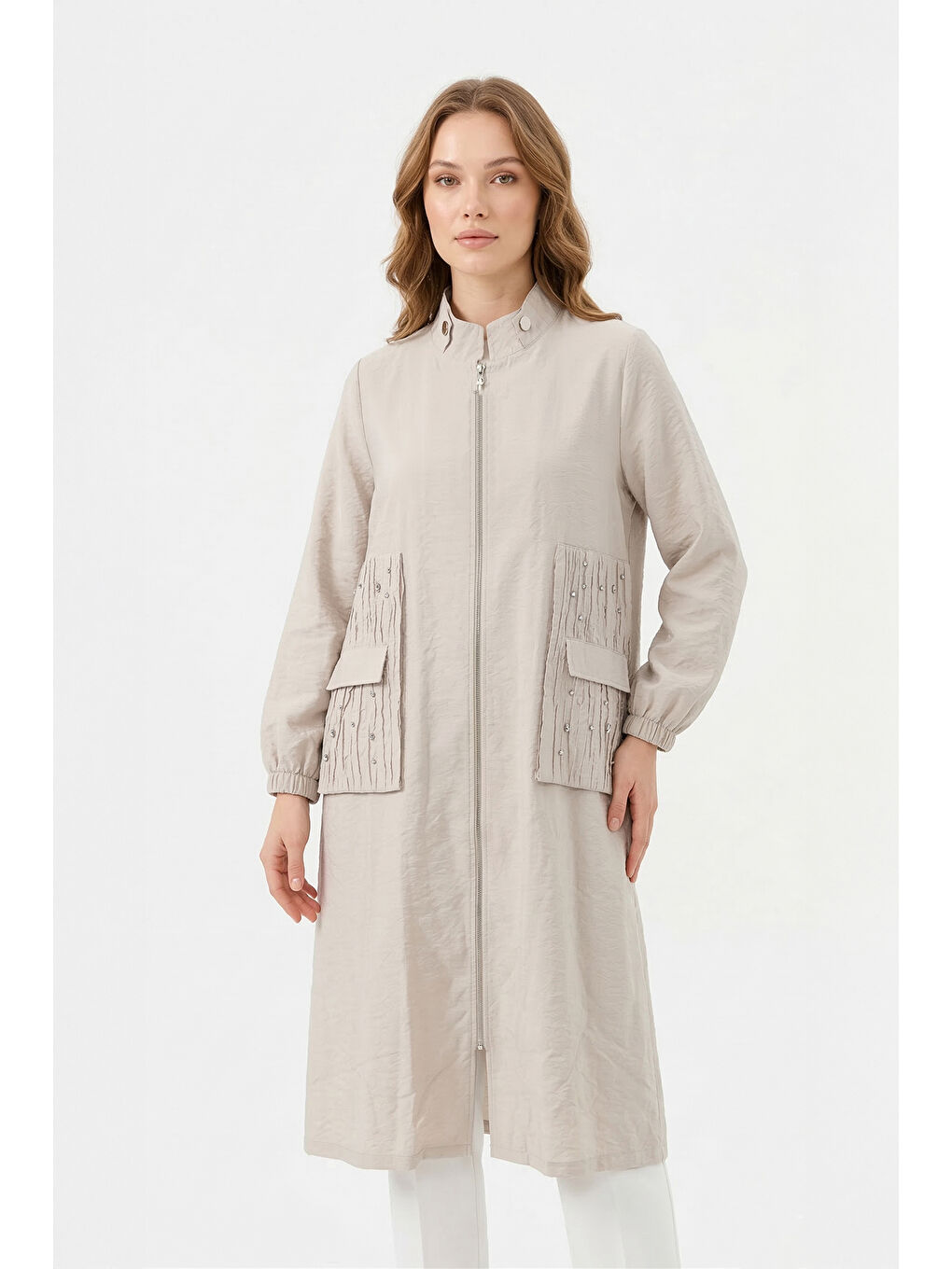 Bej Yakası Çıt Çıt Detaylı ve Kraşlı Sfari Kap Ceket 817 Taş-2