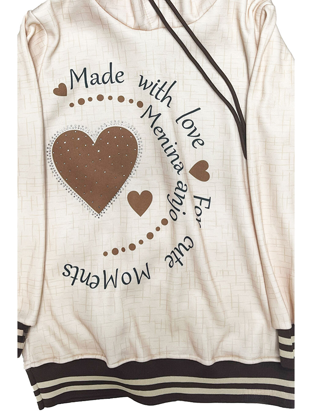 Kahverengi Kız Çocuk Taş Süslemeli Kapüşonlu Ribana Detaylı 3 İplik Alt-Üst Takım 12338-3