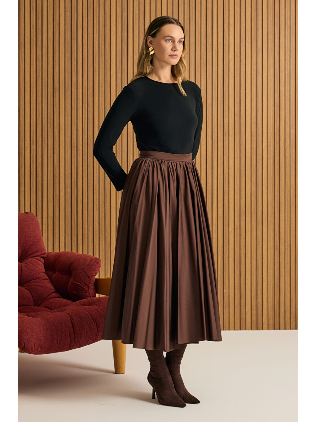 Kahverengi Büzgülü Kloş Pamuk Etek-1