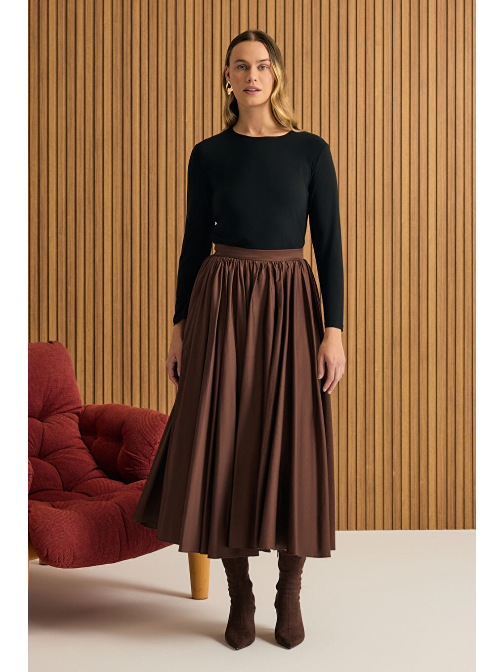 Kahverengi Büzgülü Kloş Pamuk Etek-2