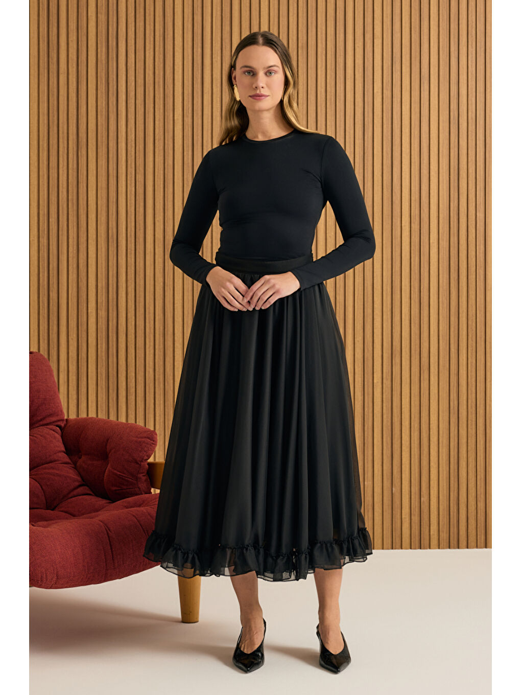 Siyah Fırfırlı Şifon Etek-1