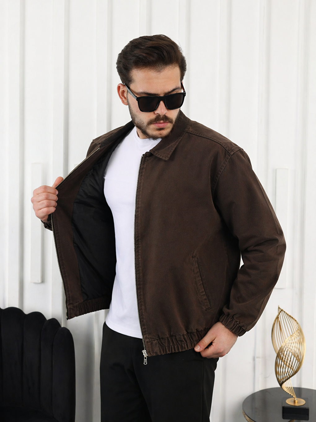 Kahverengi Erkek Mevsimlik Premium Kahve Oversize Bomber Ceket-2