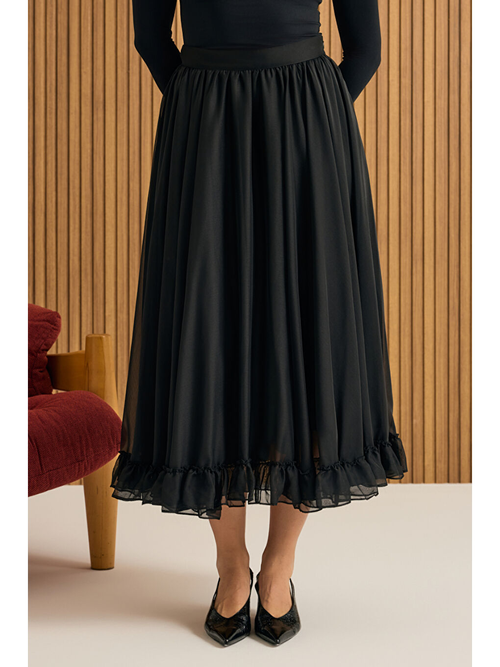 Siyah Fırfırlı Şifon Etek-2