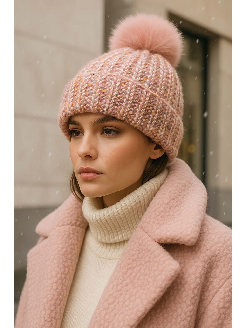 Pembe Ponpon Detay Kadın Bere RKŞ-1142 Pudra