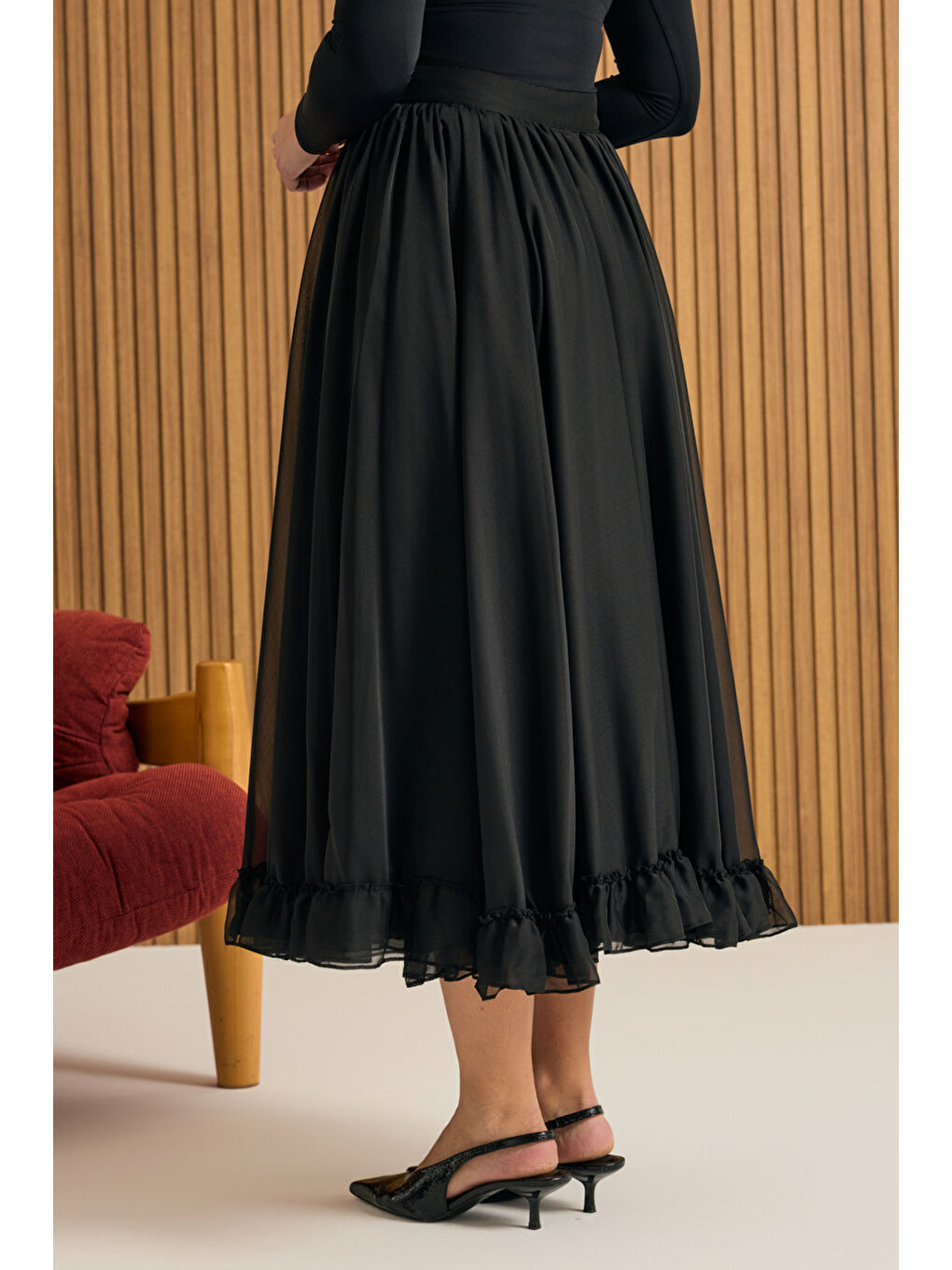 Siyah Fırfırlı Şifon Etek-5