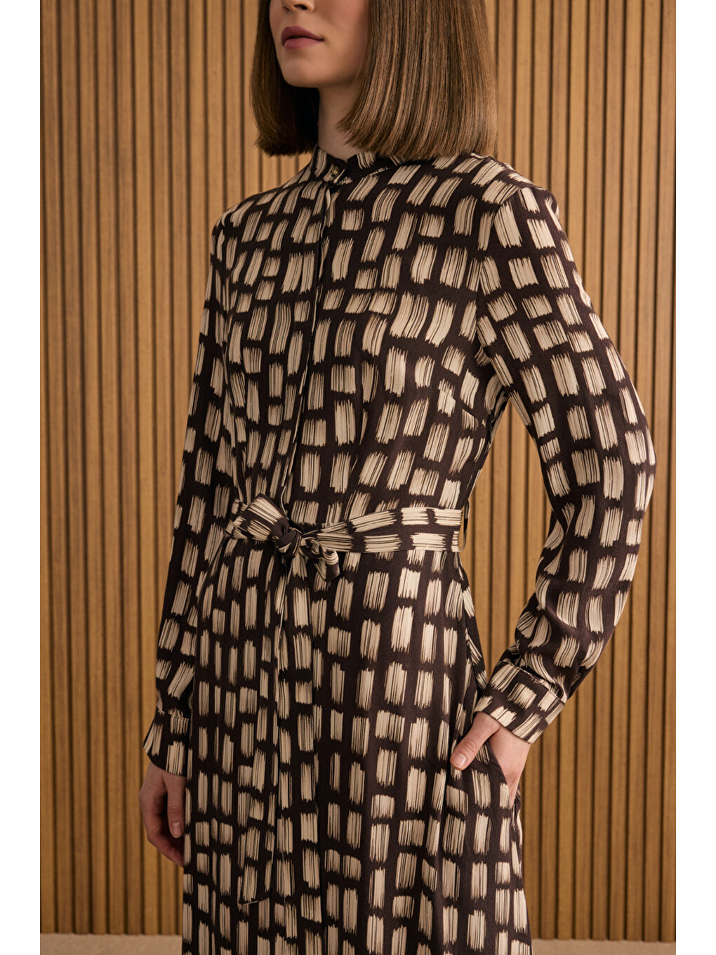 Kahverengi Desenli Viscon Elbise-5