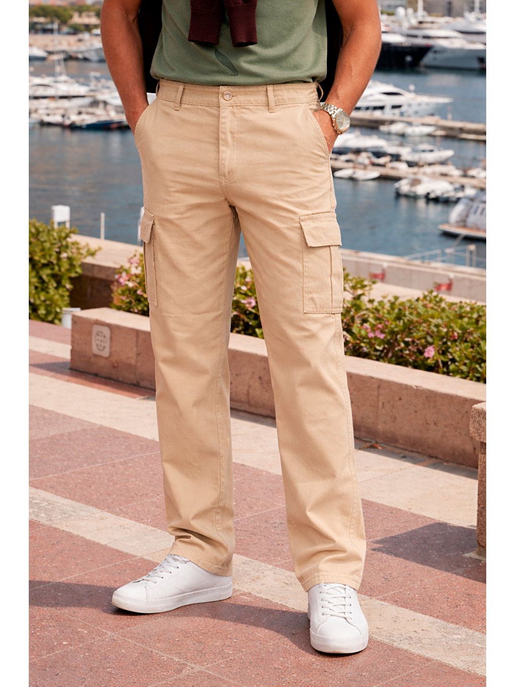 Bej Erkek Relax Fit Taş Baggy Kargo Pantolon