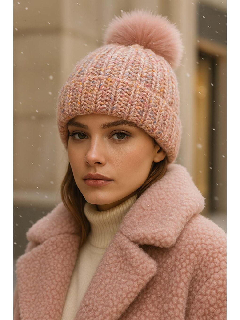 Pembe Ponpon Detay Kadın Bere RKŞ-1142 Pudra-1