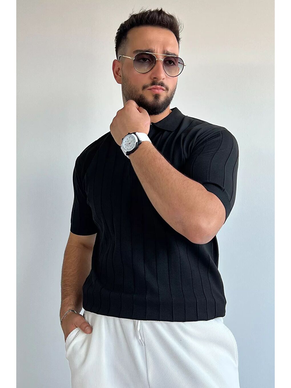 Siyah Polo Yaka Yarım Fermuarlı Erkek Triko Tişört