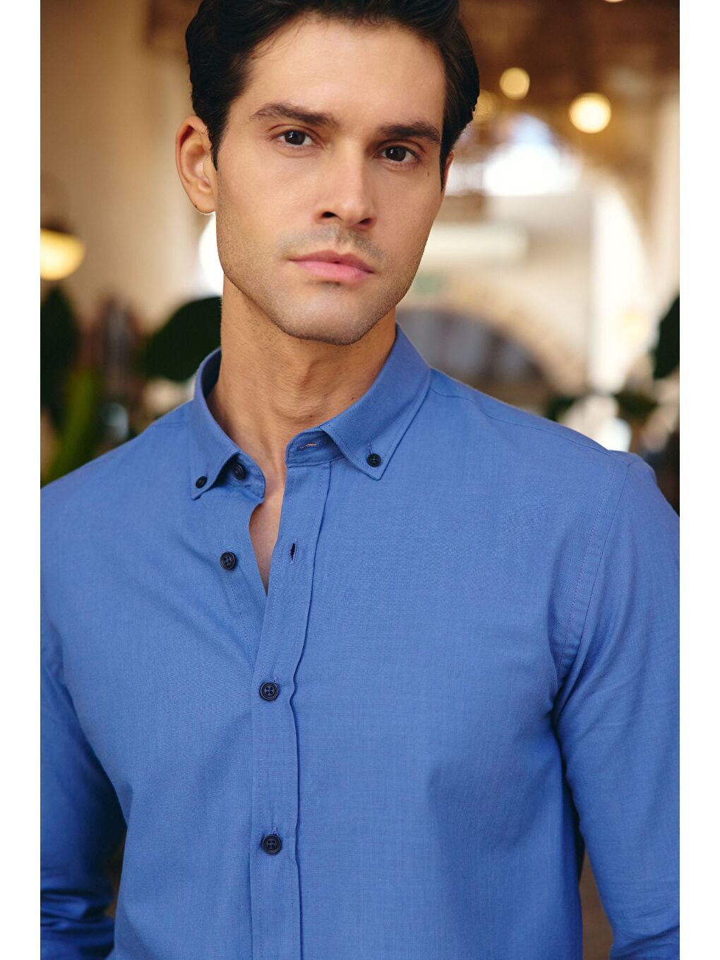 Mavi Turi Erkek Pamuk Gömlek Modern Slim Fit Keten Görünümlü Uzun Kol