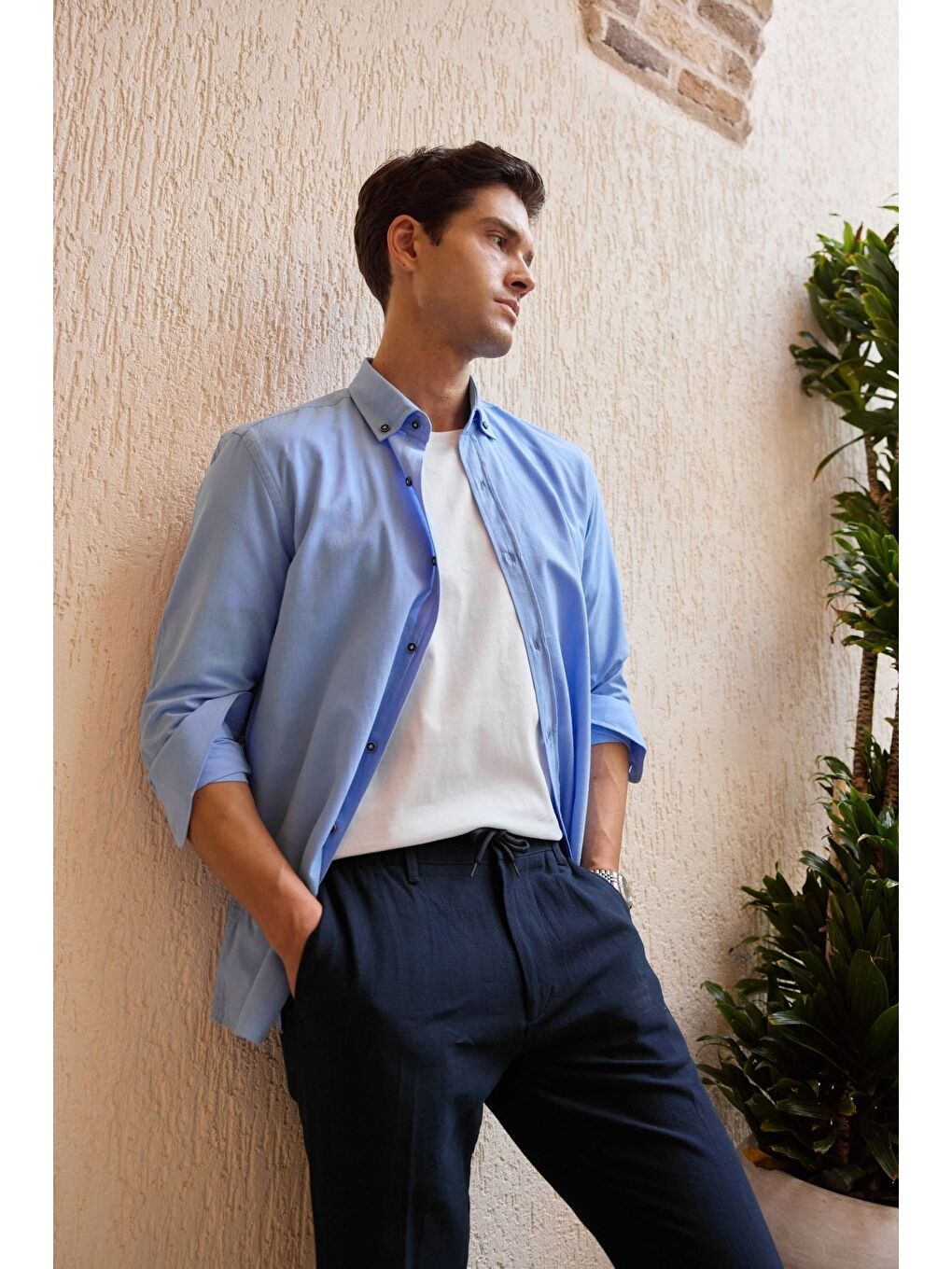 Mavi Turi Erkek Pamuk Gömlek Modern Slim Fit Keten Görünümlü Uzun Kol-1
