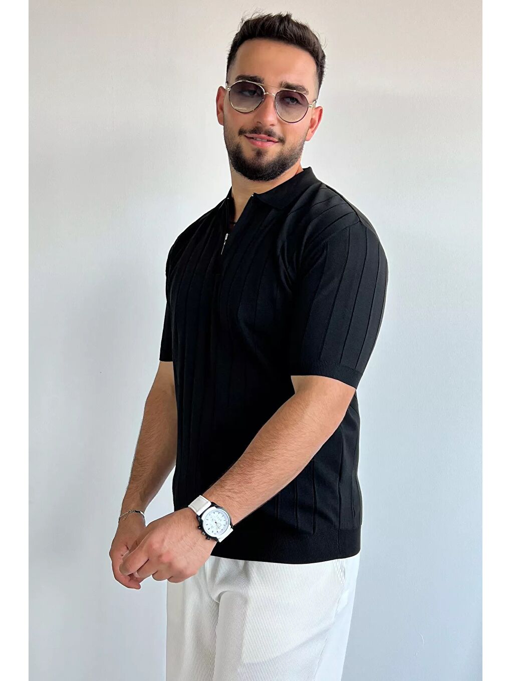 Siyah Polo Yaka Yarım Fermuarlı Erkek Triko Tişört-1