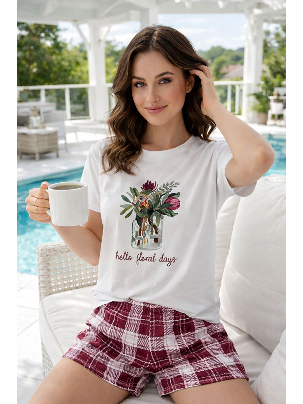 Kadın Kısa Kol Suprem Kumaş Şortlu Pijama Takımı 90782-3324 Beyaz-3