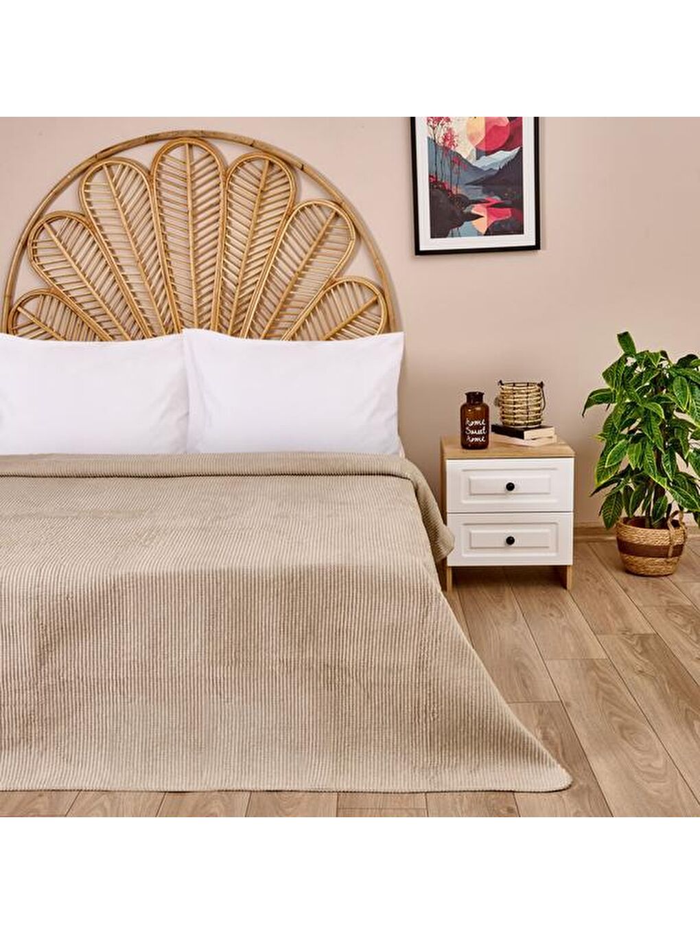 Soft Moza Pamuklu Çift Kişilik Battaniye - Bej - 200x220 cm