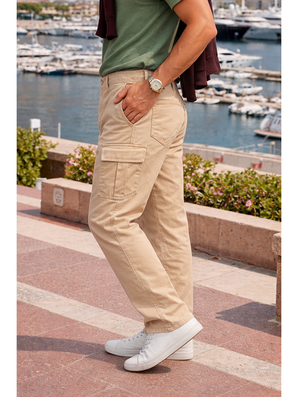 Bej Erkek Relax Fit Taş Baggy Kargo Pantolon-2