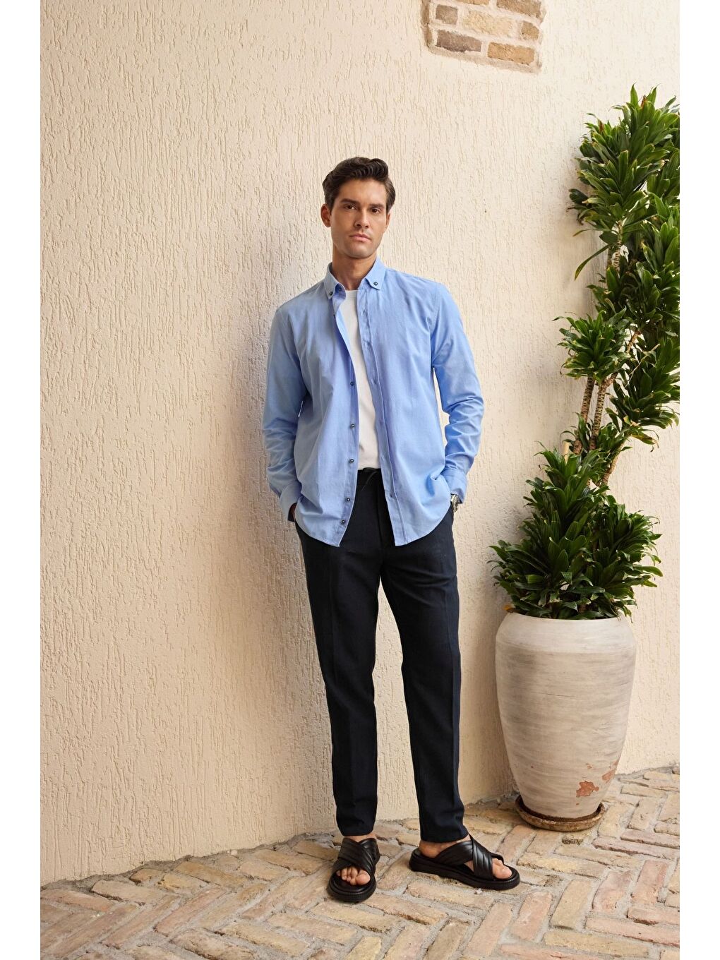 Mavi Turi Erkek Pamuk Gömlek Modern Slim Fit Keten Görünümlü Uzun Kol-2