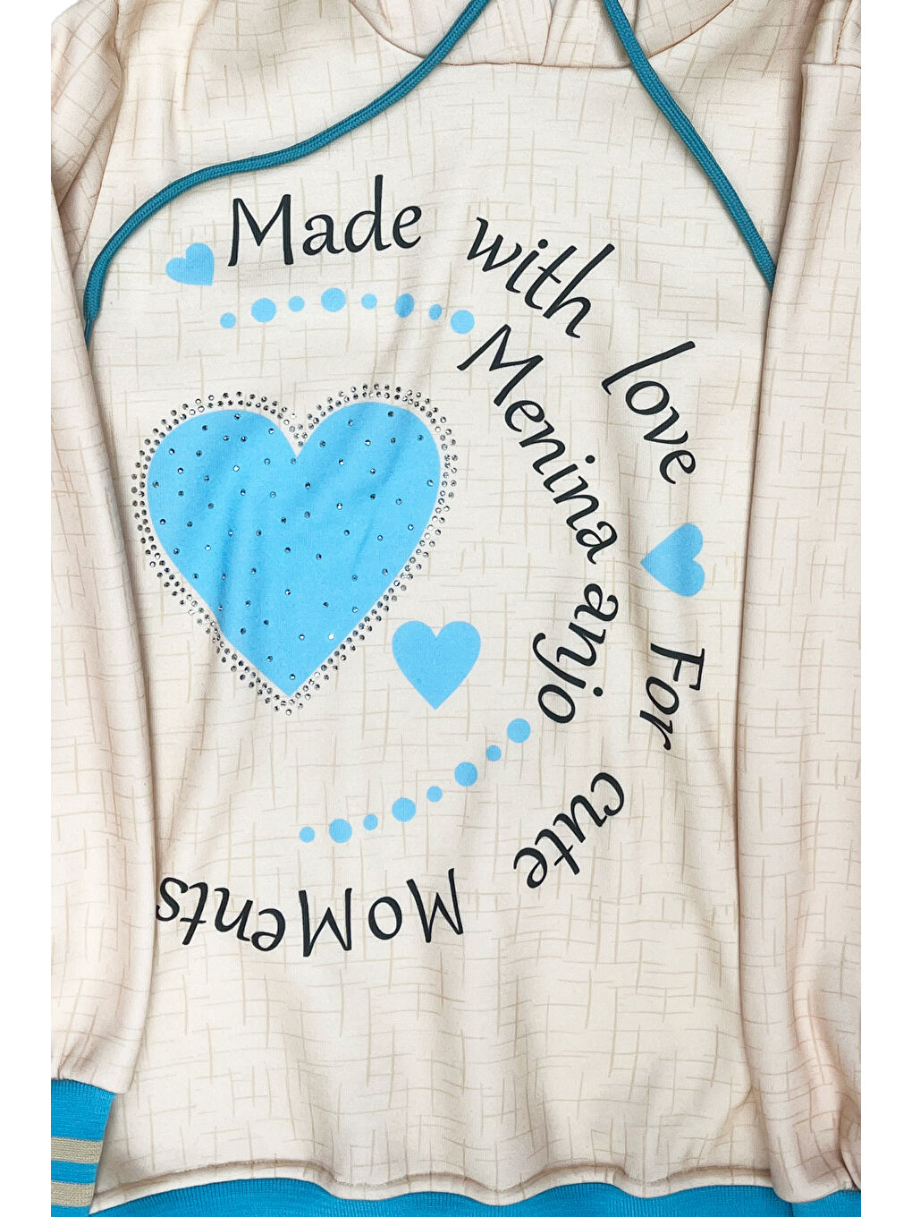 Mavi Kız Çocuk Taş Süslemeli Kapüşonlu Ribana Detaylı 3 İplik Alt-Üst Takım 12338-3