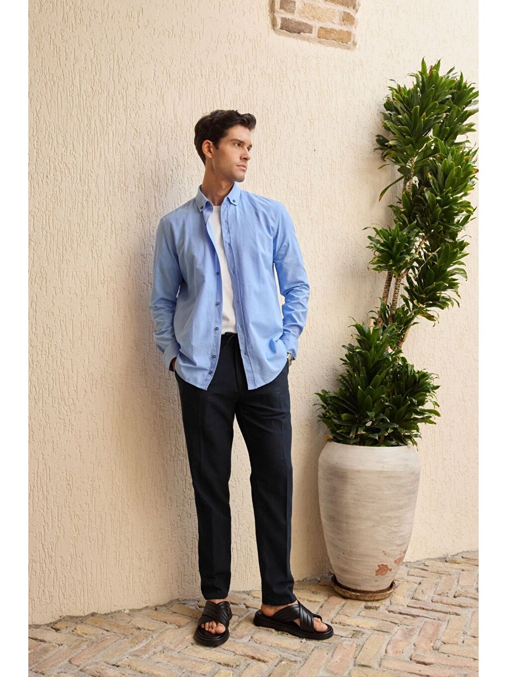 Mavi Turi Erkek Pamuk Gömlek Modern Slim Fit Keten Görünümlü Uzun Kol-3