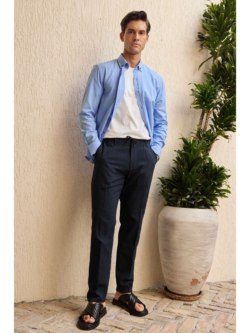 Mavi Turi Erkek Pamuk Gömlek Modern Slim Fit Keten Görünümlü Uzun Kol-4