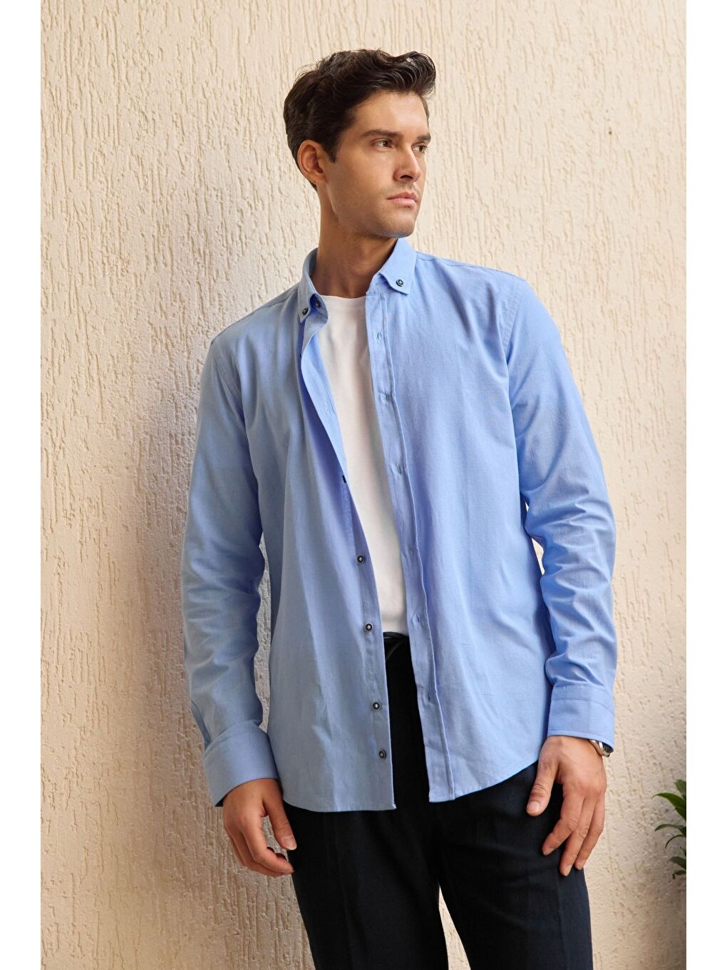Mavi Turi Erkek Pamuk Gömlek Modern Slim Fit Keten Görünümlü Uzun Kol-5