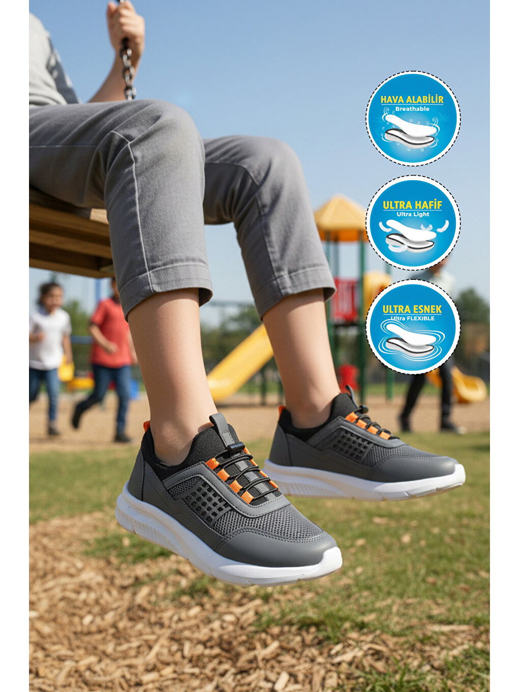 Gri Füme Turuncu Fileli Hafif Esnek Unisex Çocuk Spor Ayakkabı 9060 Motano F-2