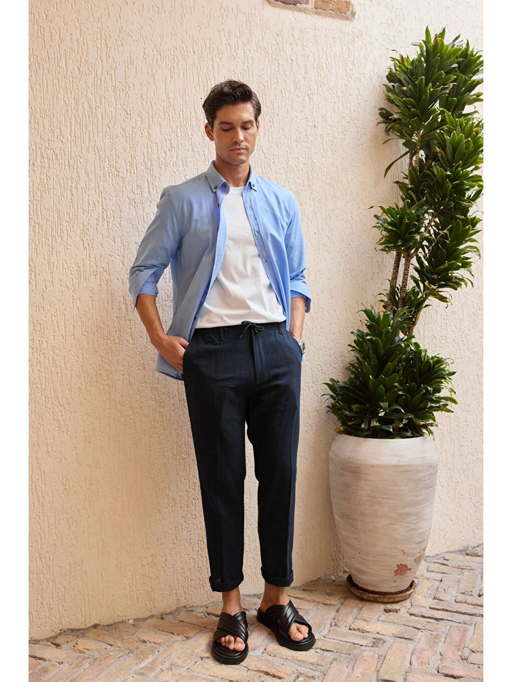 Mavi Turi Erkek Pamuk Gömlek Modern Slim Fit Keten Görünümlü Uzun Kol-6