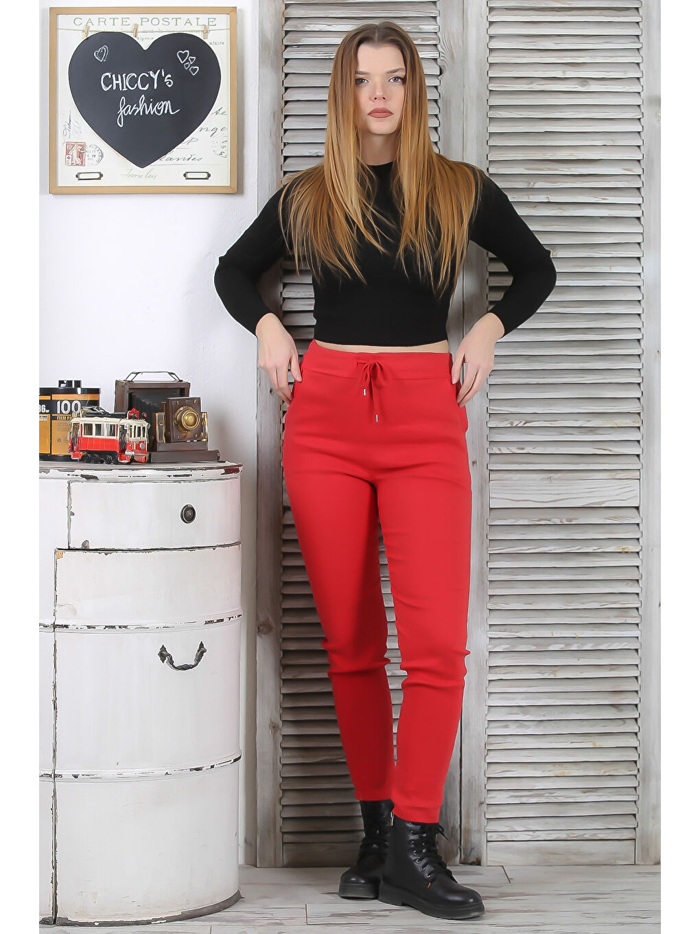 Kırmızı Narçiçeği Lastikli Ve Bağlamalı Bel Dar Paça Casual Dokuma Pantolon-2