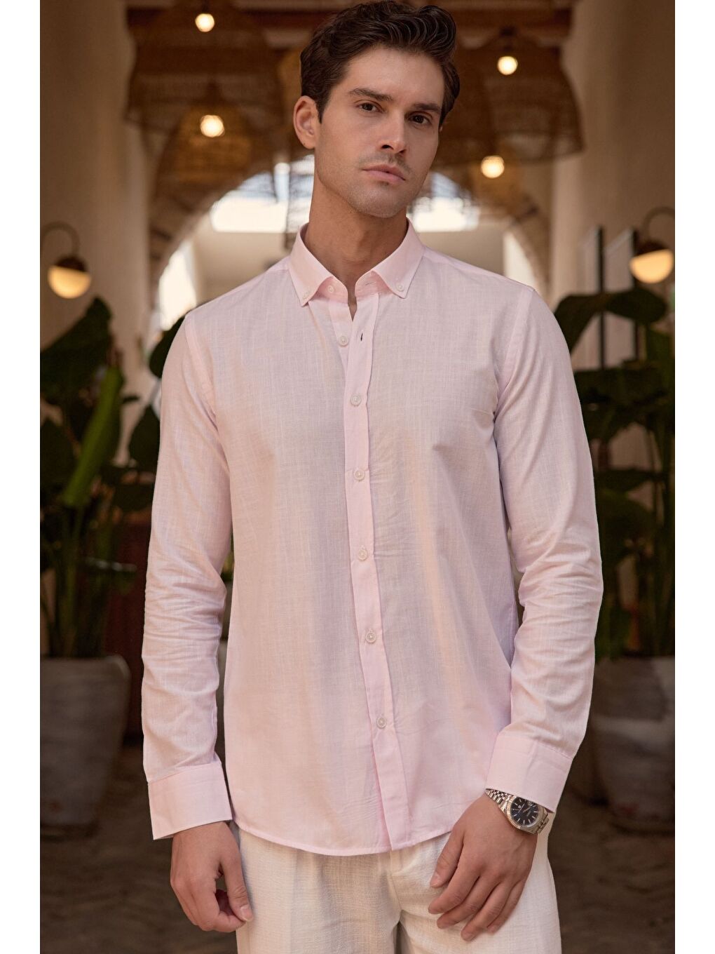 Mavi Turi Erkek Pamuk Gömlek Modern Slim Fit Keten Görünümlü Uzun Kol-7