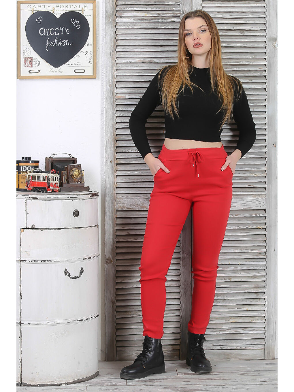 Kırmızı Narçiçeği Lastikli Ve Bağlamalı Bel Dar Paça Casual Dokuma Pantolon-3