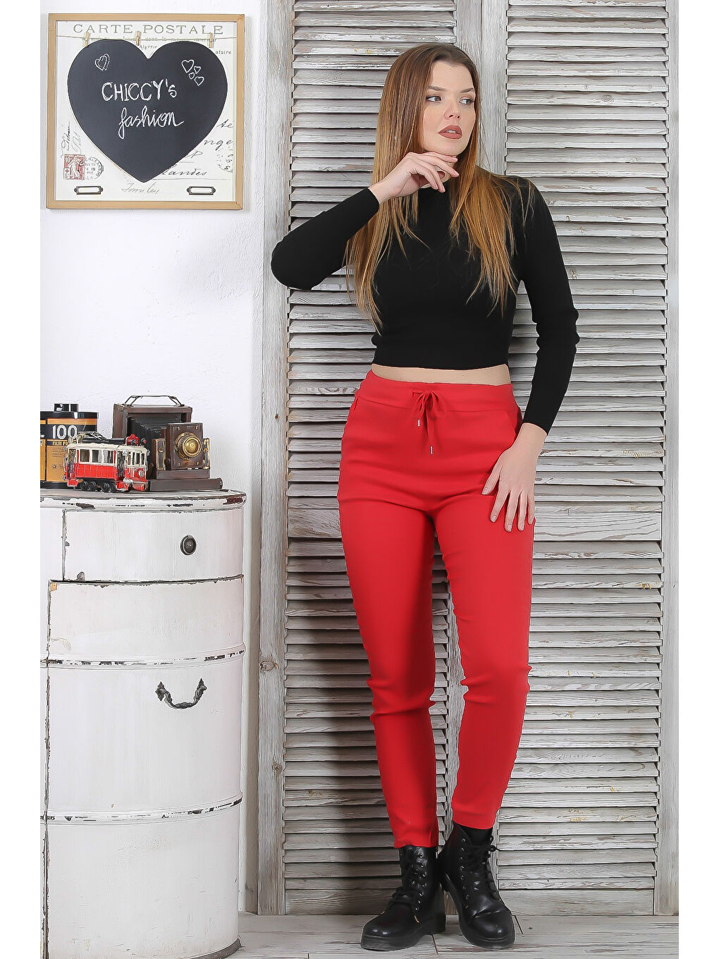 Kırmızı Narçiçeği Lastikli Ve Bağlamalı Bel Dar Paça Casual Dokuma Pantolon-4