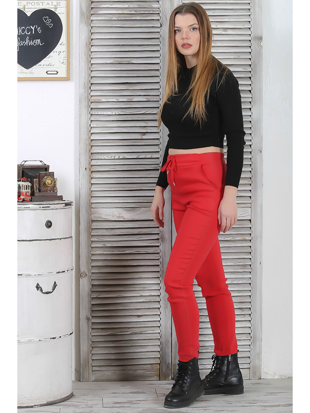 Kırmızı Narçiçeği Lastikli Ve Bağlamalı Bel Dar Paça Casual Dokuma Pantolon-5