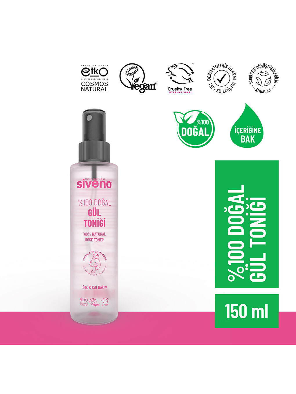 %100 Doğal Gül Suyu Arındırıcı Ferahlatıcı Canlandırıcı Cilt ve Saç Toniği 150 ml