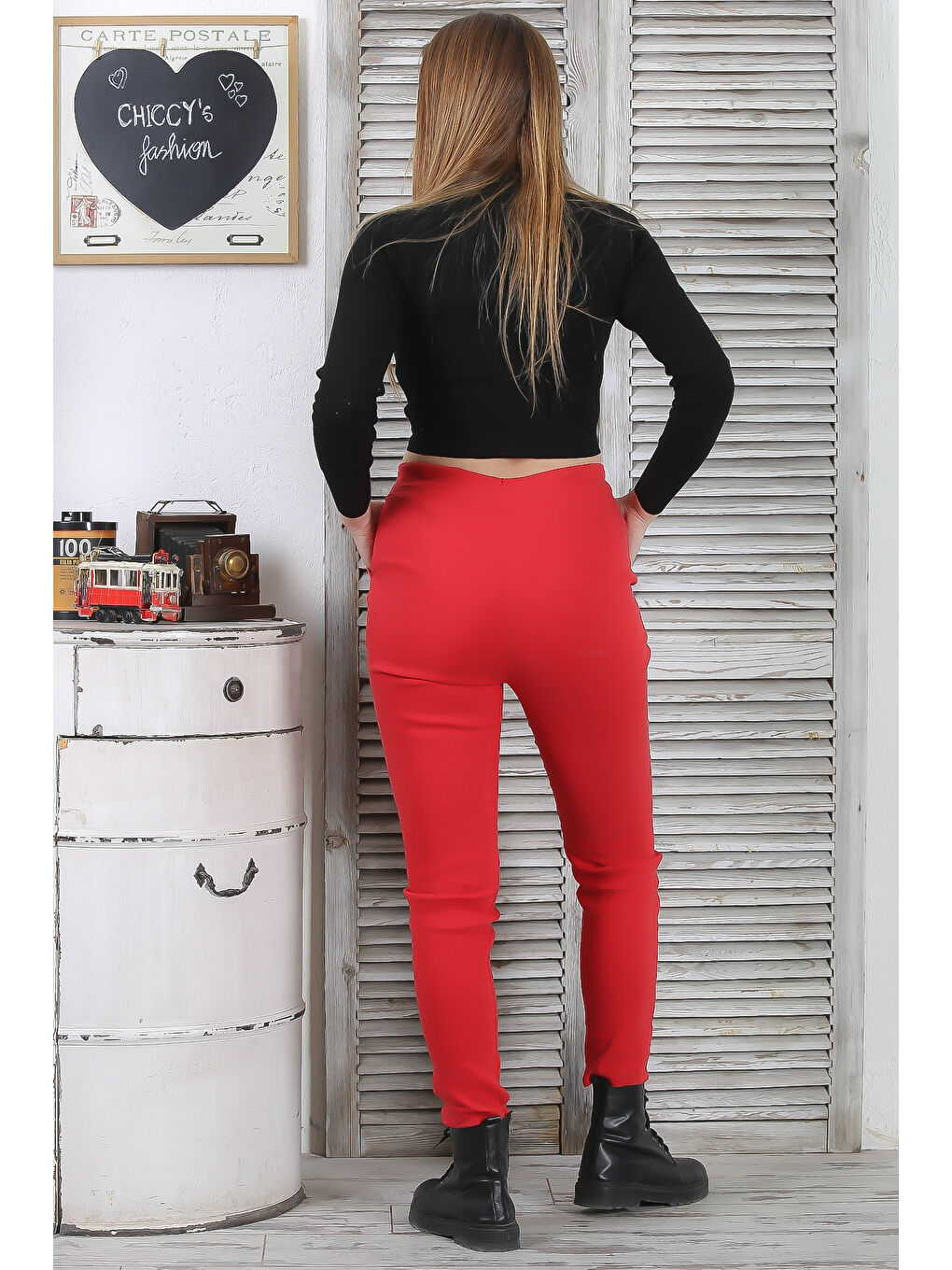 Kırmızı Narçiçeği Lastikli Ve Bağlamalı Bel Dar Paça Casual Dokuma Pantolon-6