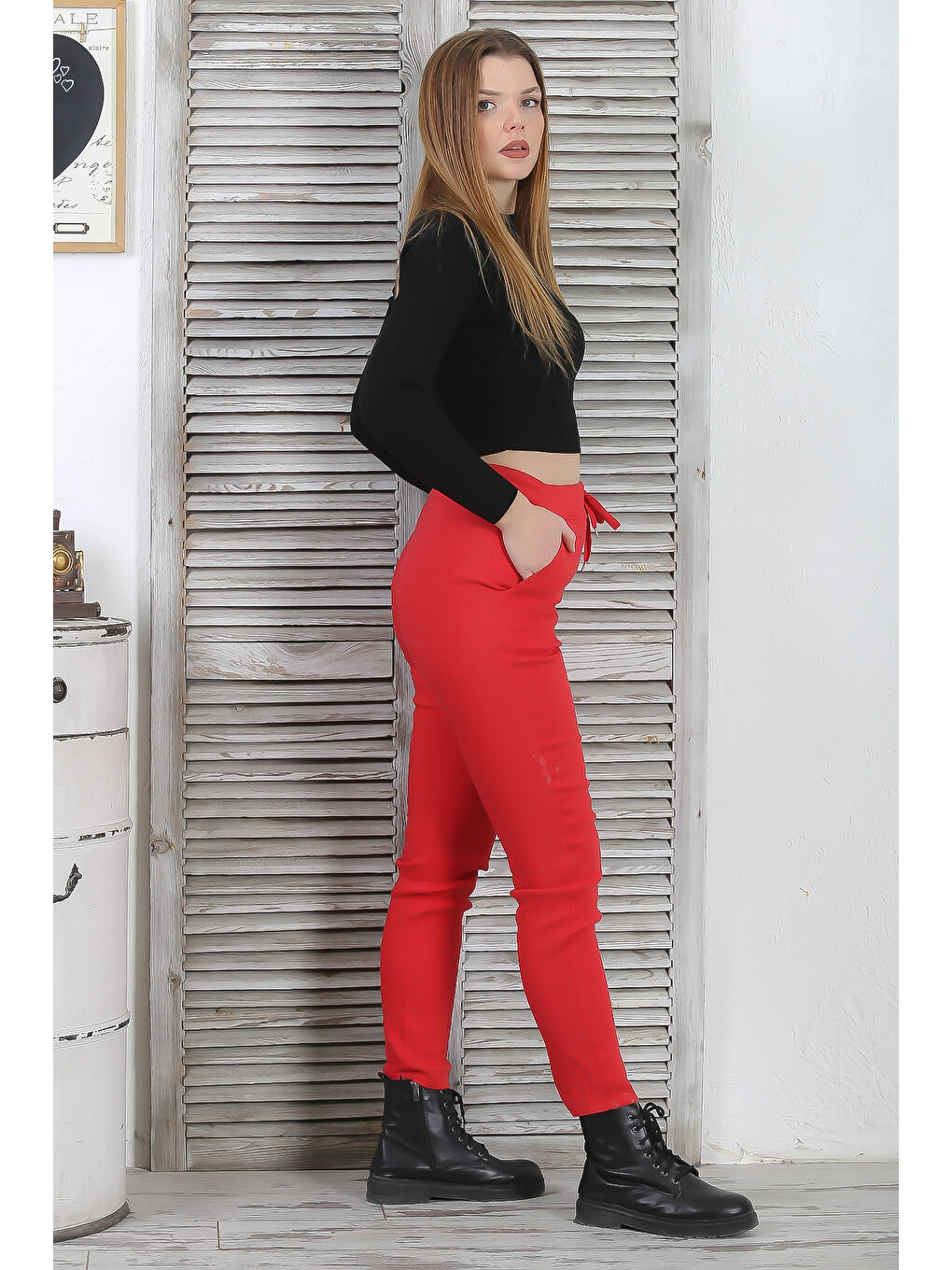 Kırmızı Narçiçeği Lastikli Ve Bağlamalı Bel Dar Paça Casual Dokuma Pantolon-7