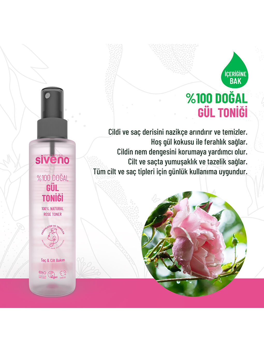 %100 Doğal Gül Suyu Arındırıcı Ferahlatıcı Canlandırıcı Cilt ve Saç Toniği 150 ml-1