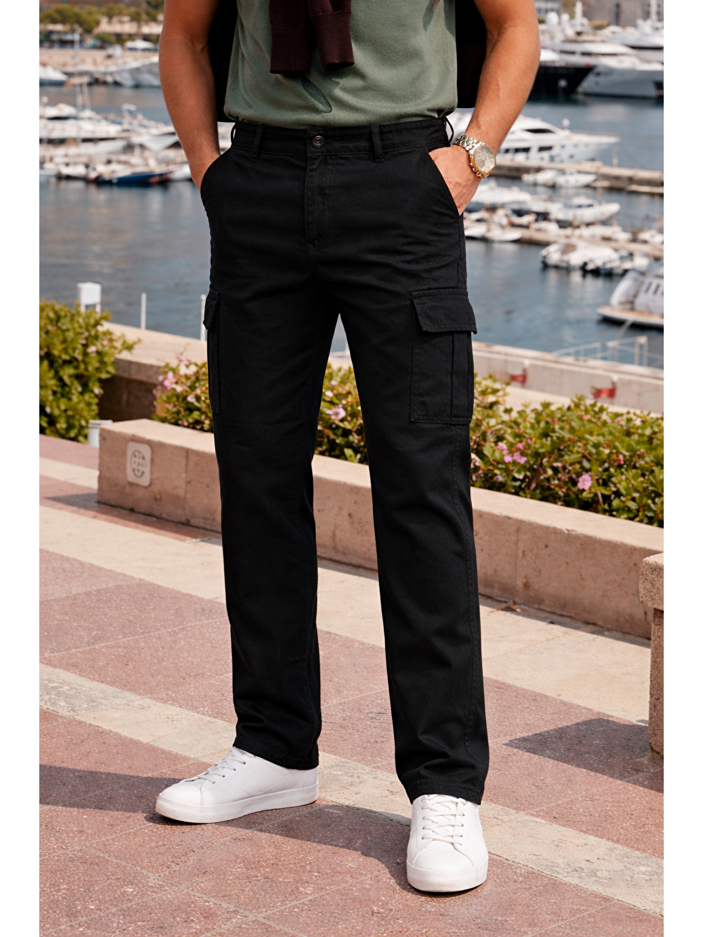 Erkek Relax Fit Siyah Baggy Kargo Pantolon