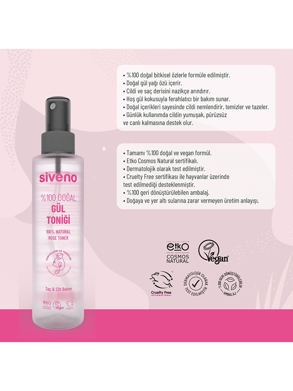 %100 Doğal Gül Suyu Arındırıcı Ferahlatıcı Canlandırıcı Cilt ve Saç Toniği 150 ml-6