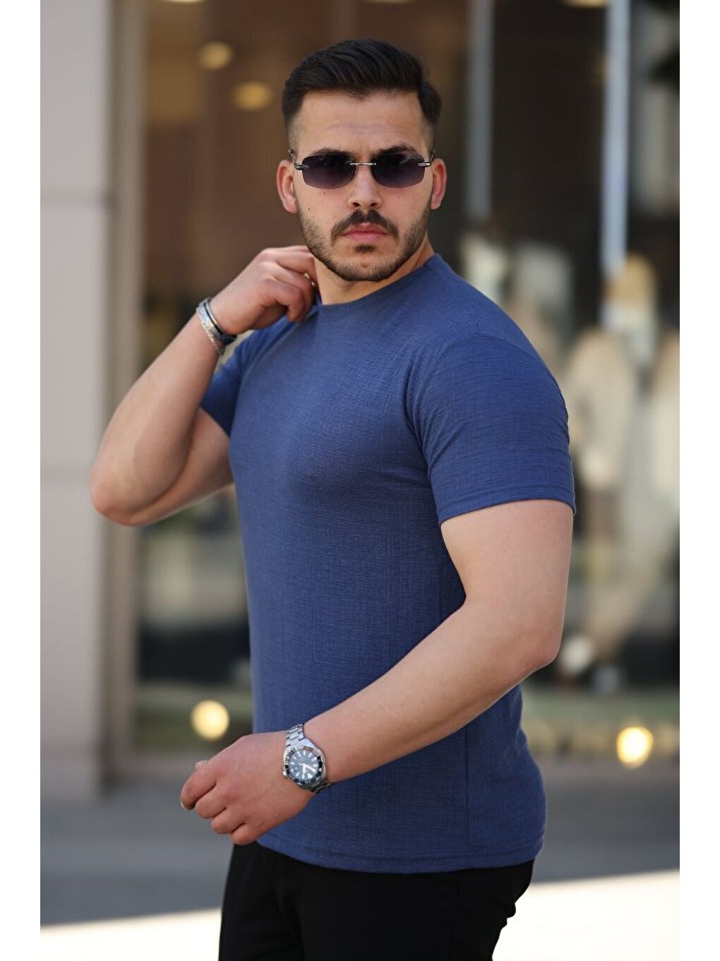 Lacivert Erkek Ağaç Kabuğu Desenli Kısa Kollu T-shirt-1