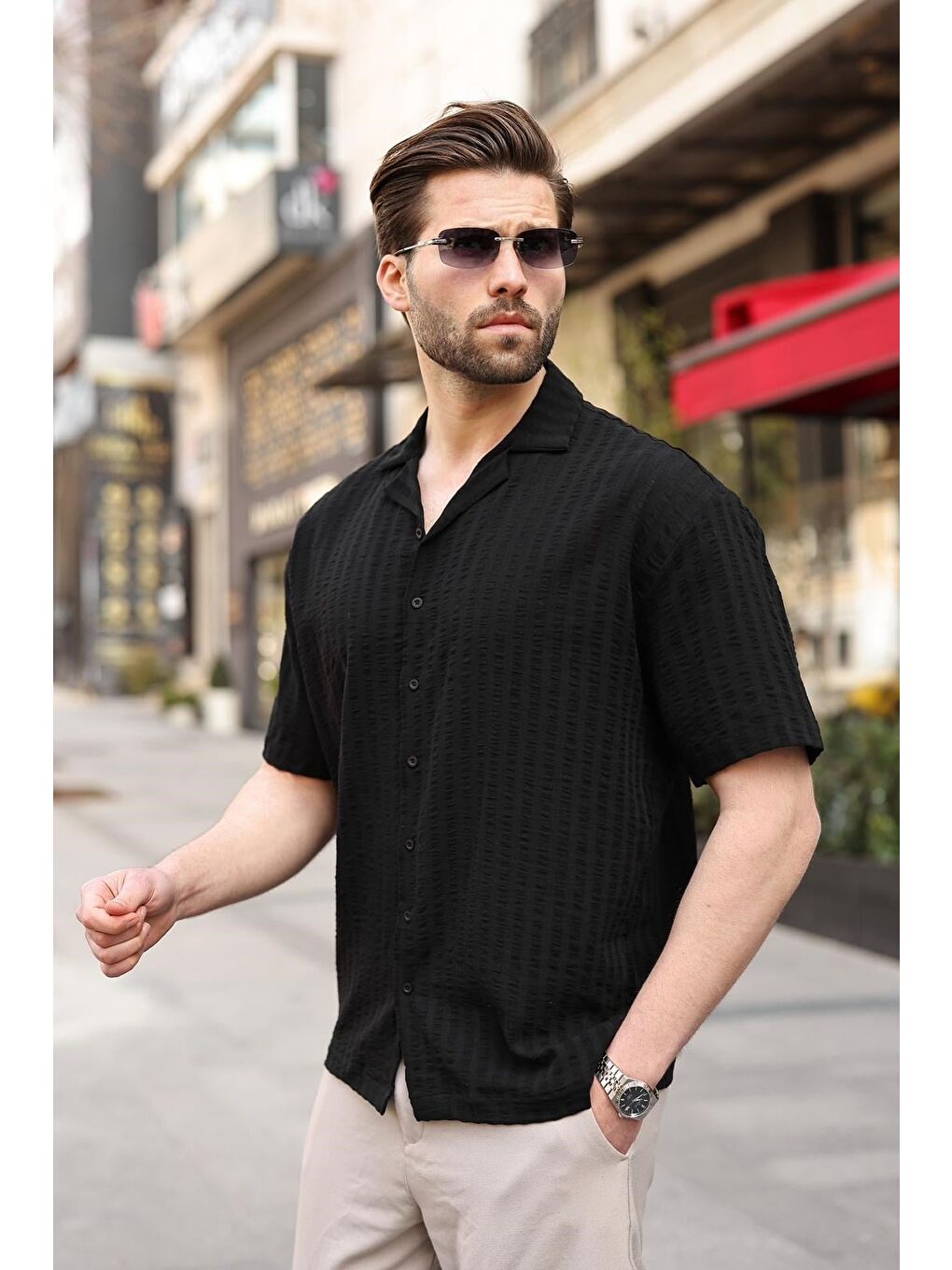 Siyah Gofre Kumaş Erkek Gömlek E6772