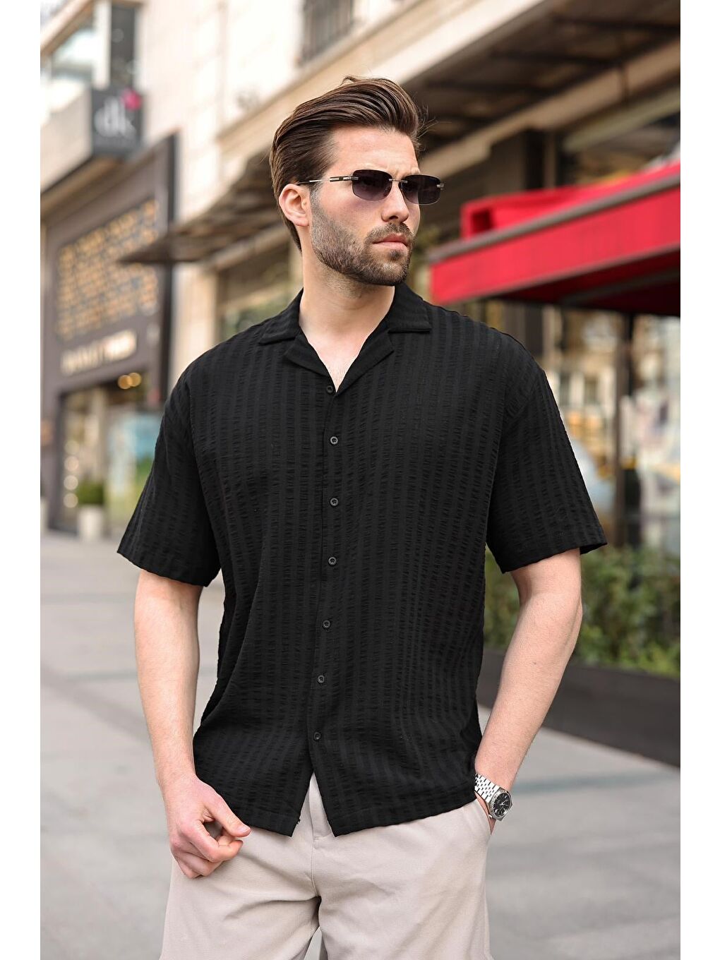 Siyah Gofre Kumaş Erkek Gömlek E6772-1