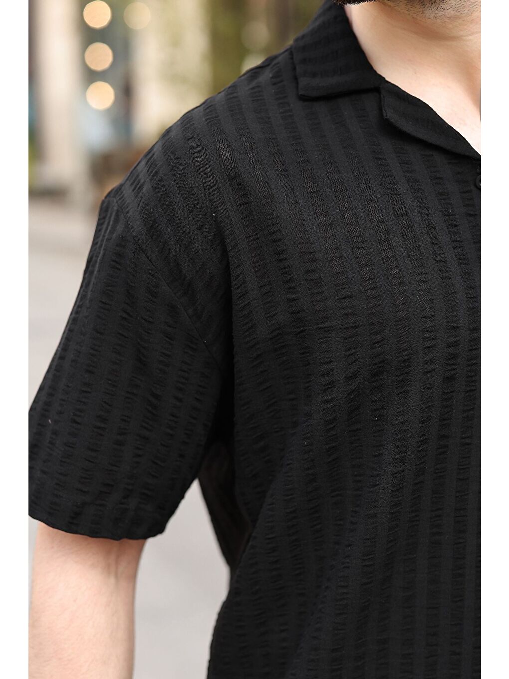 Siyah Gofre Kumaş Erkek Gömlek E6772-2