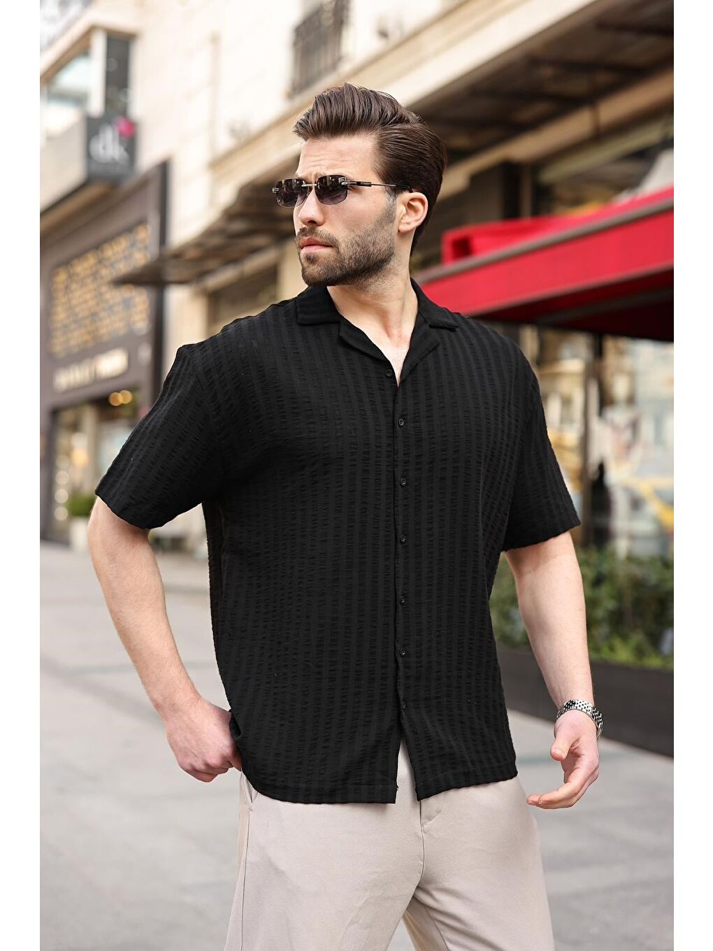 Siyah Gofre Kumaş Erkek Gömlek E6772-3