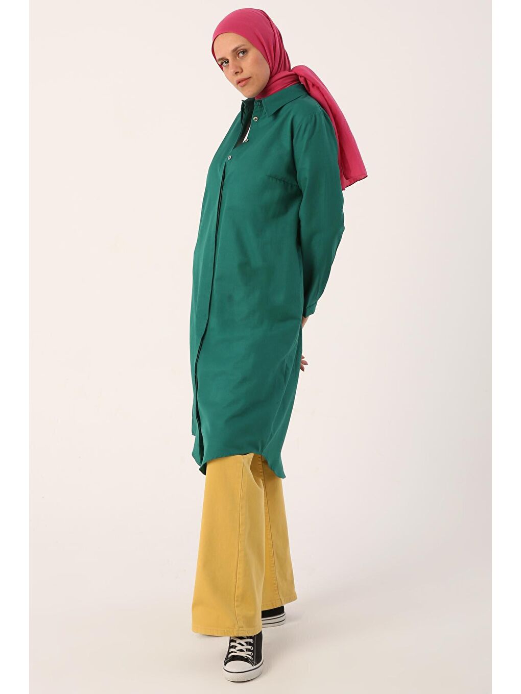 Zümrüt Yeşili Basic Gizli Patlı Uzun Gömlek-2
