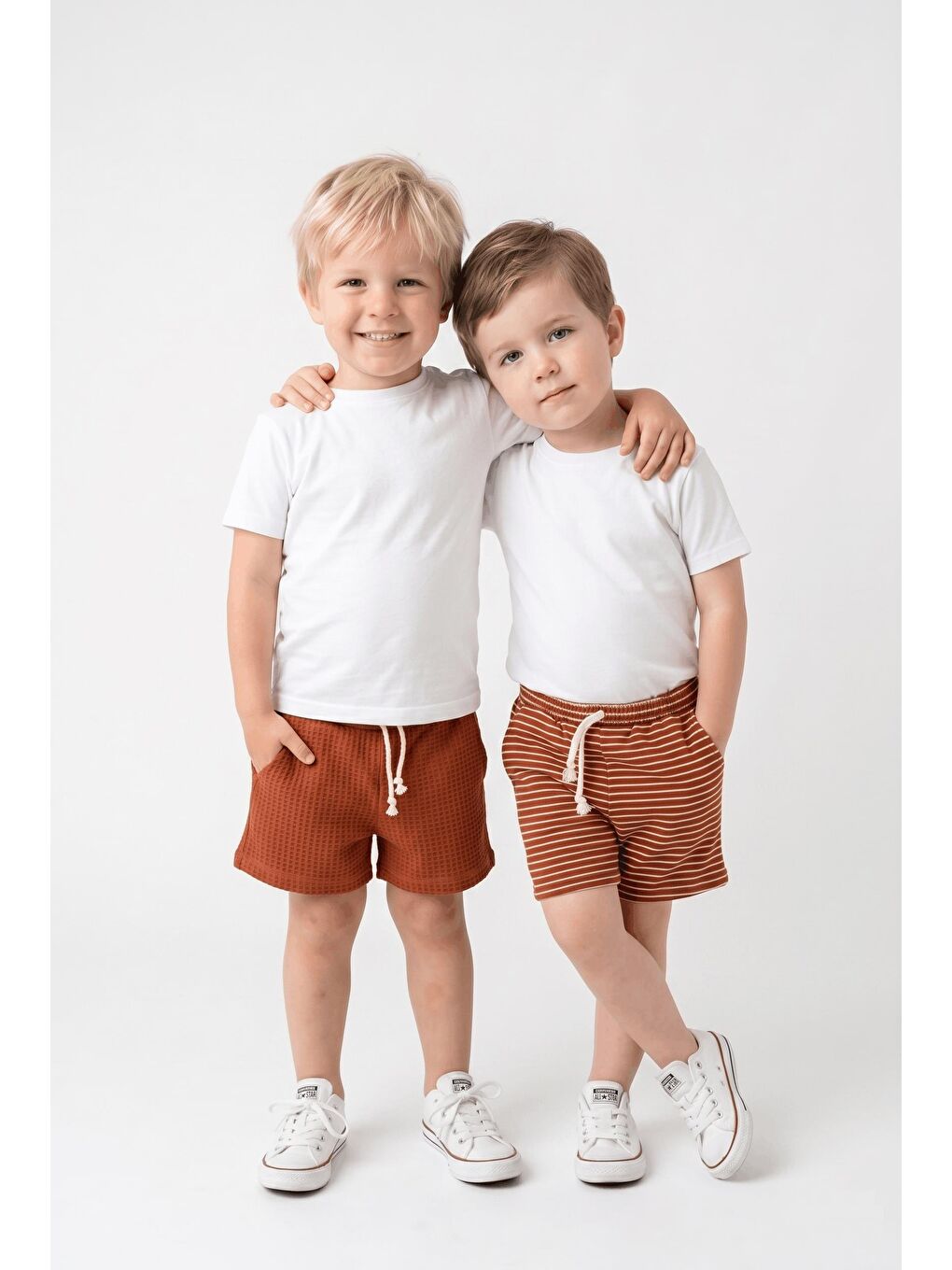 Kahverengi Elastanlı Kabartma Çizgili 2li Şort Paket