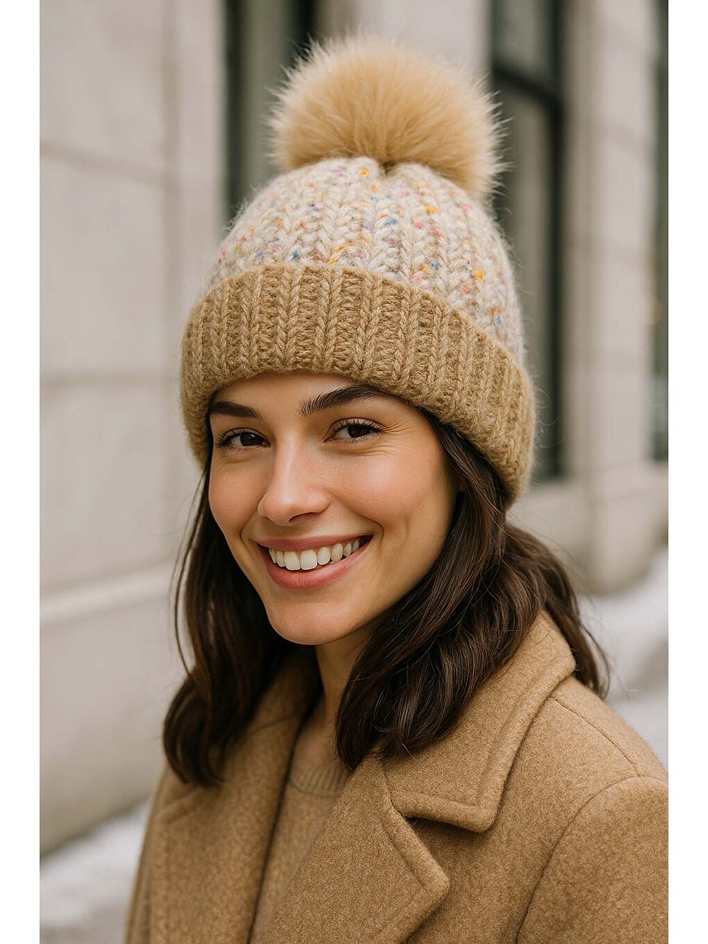 Kahverengi Ponpon Detay Kadın Bere RKŞ-1142 Camel-3