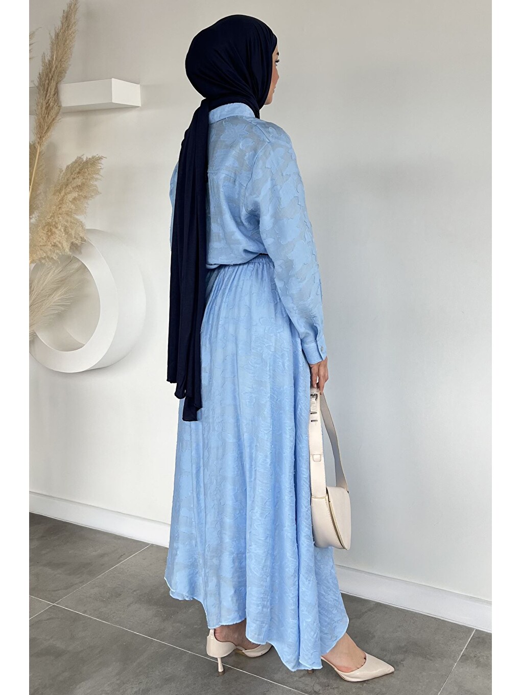 Mavi Gülseli Kadın Kemerli Desenli Gömlek Etek Tesettür İkili Takım-4