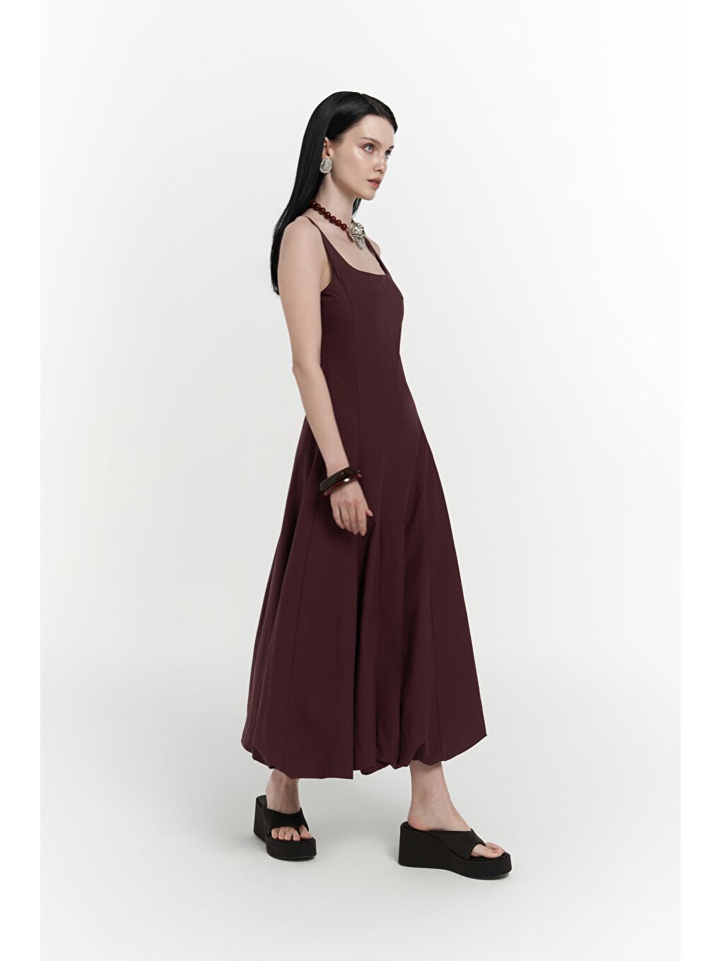 Garda Uzun Bordo Balon Elbise-5