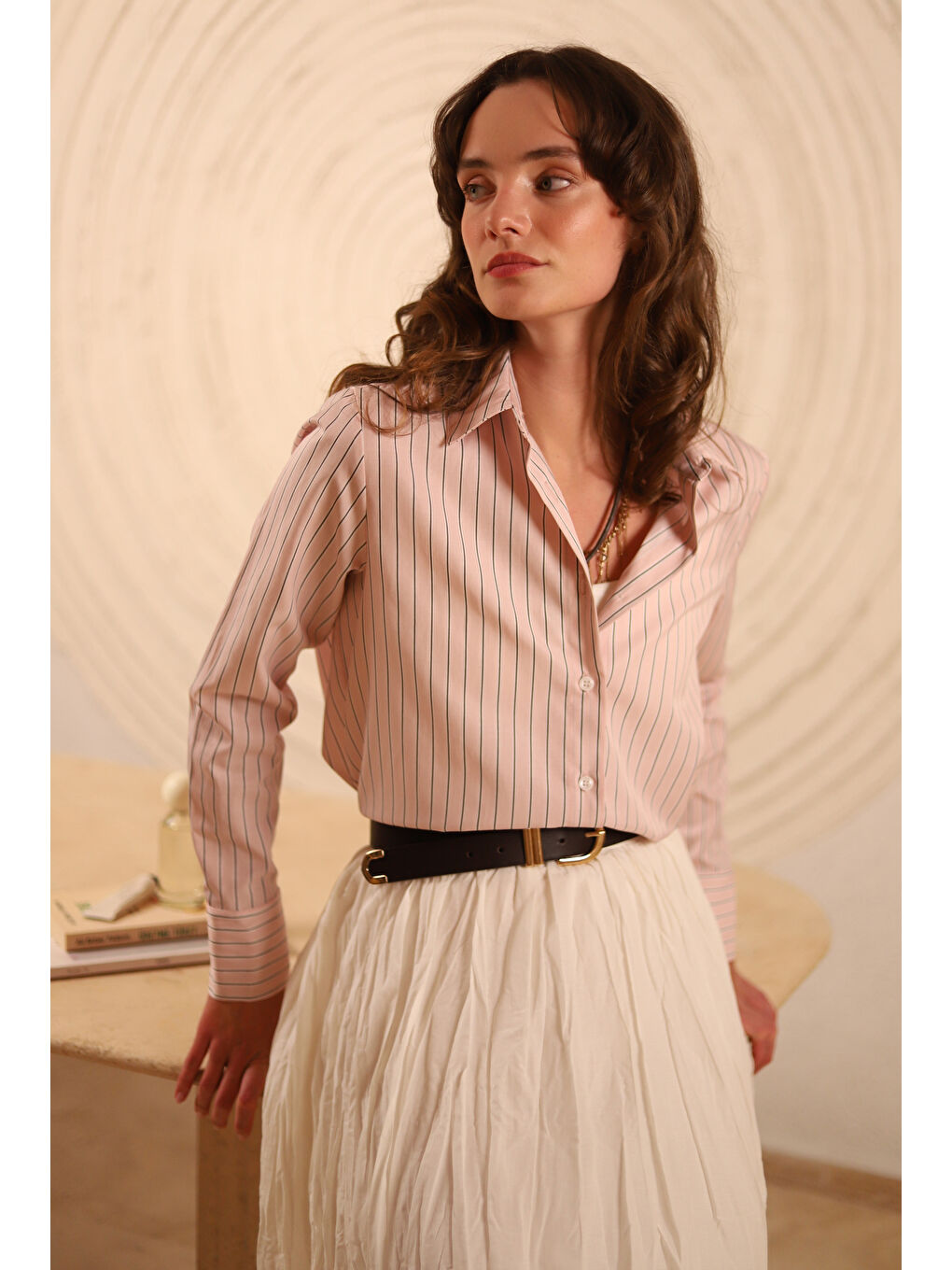 Çizgili Fit Gömlek Pembe