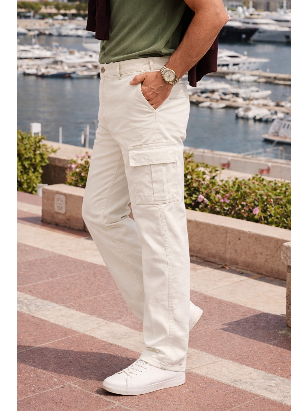 Erkek Relax Fit Beyaz Baggy Kargo Pantolon-1