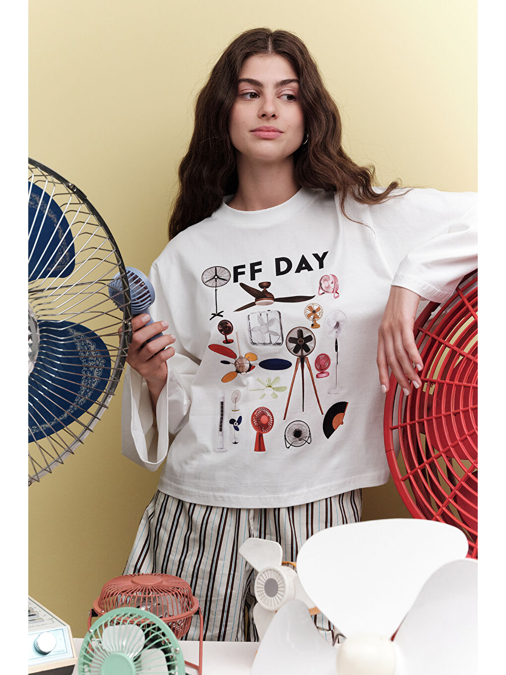 Bej Baskılı Crop Uzun Kol T-Shırt Offday-1